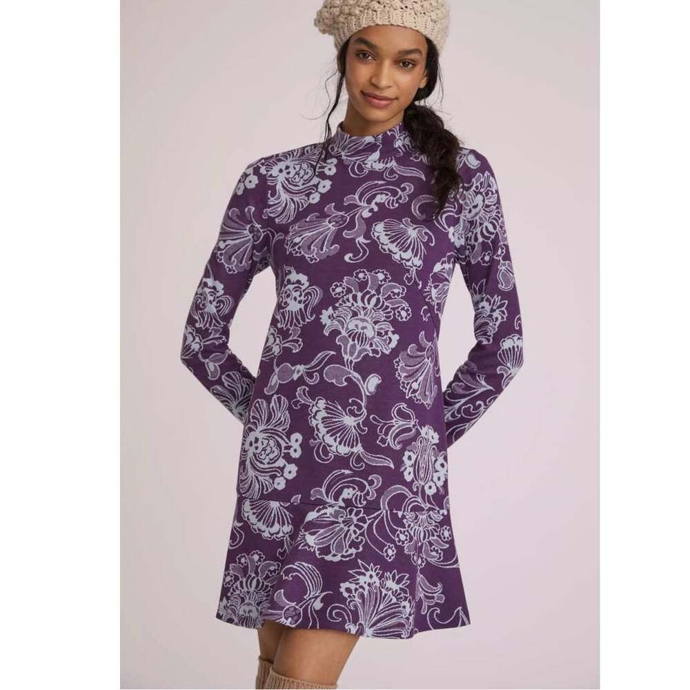 New Anthropologie Mock Neck Floral Long Sleeve Mini Dress $140 SMALL Purple